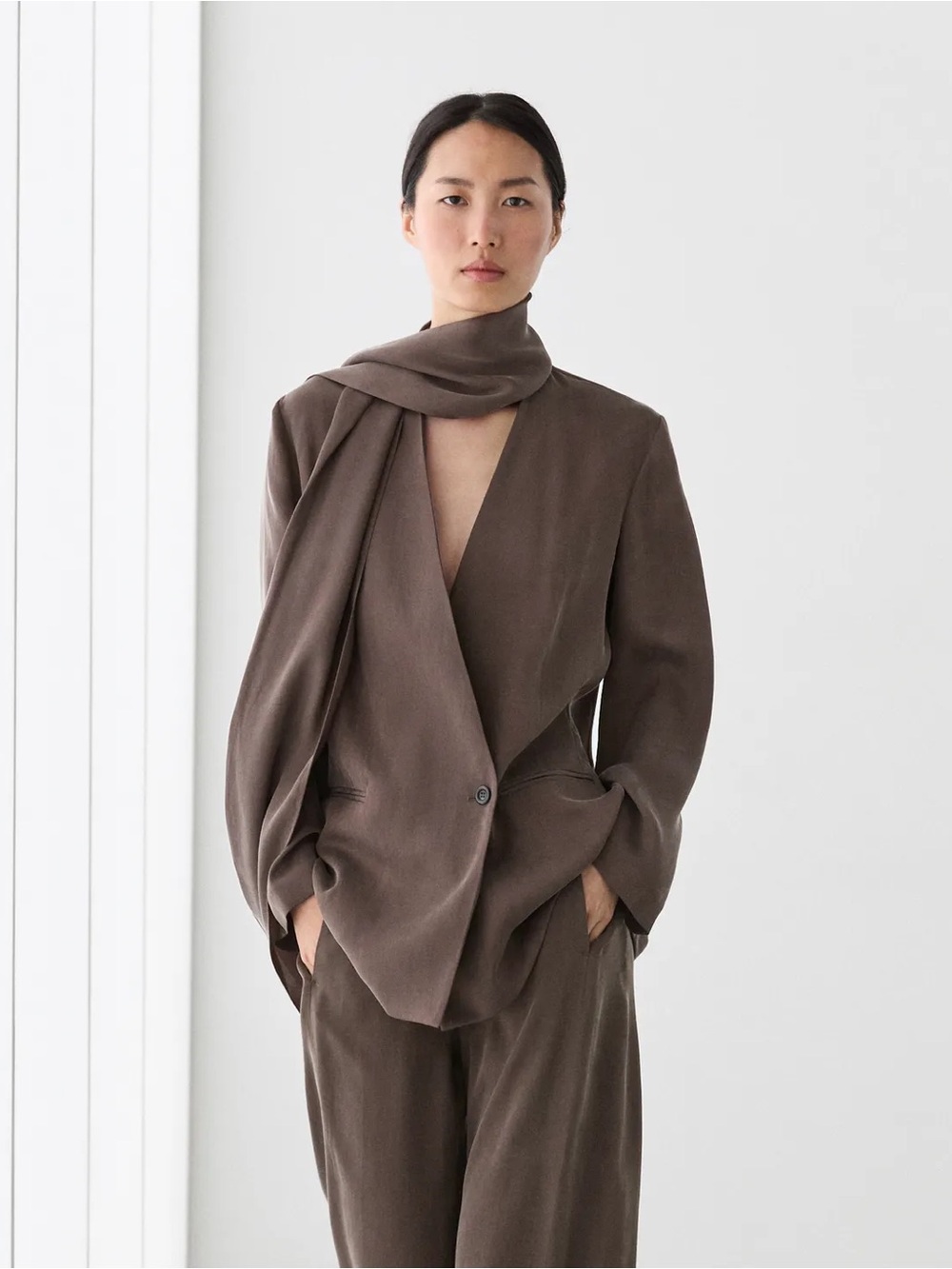 Massimo Dutti Minimalist Draped Brown Blazer with Scarf